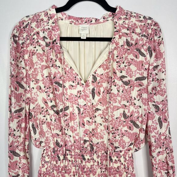 Evereve Roan + Ryan XSmall XS Pink Cream Floral Genevieve Smocked Waist Dress - Picture 3 of 13